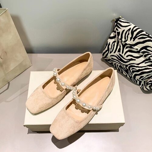 Advbridge Square Toe Pearl One Word with Mary Jane Shoes Women's New Suede Shallow Mouth Comfortable Flat Shoes