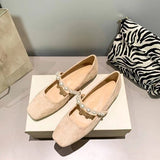 Advbridge Square Toe Pearl One Word with Mary Jane Shoes Women's New Suede Shallow Mouth Comfortable Flat Shoes