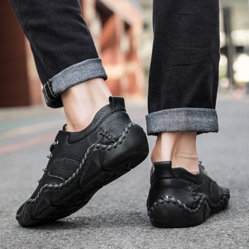 Advbridge Fashion Vintage Handmade Leather Men Shoes New Outdoor Casual Loafers Lace-up Moccasin Tooling Shoes Driving Flat Big Size 38-48