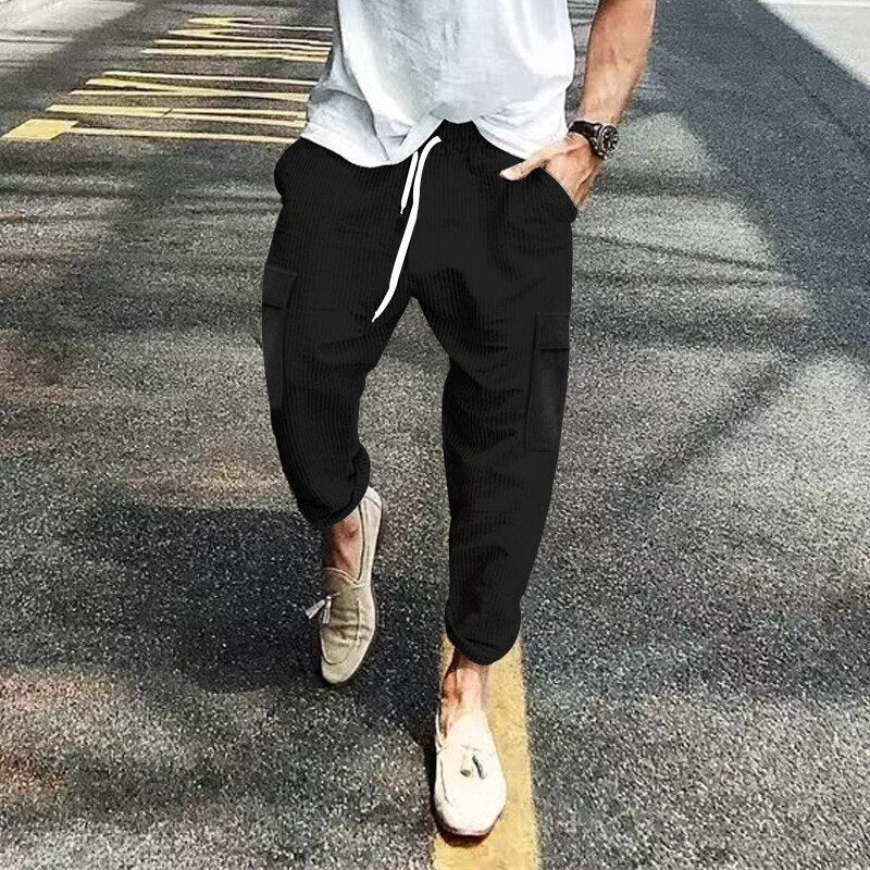 Advbridge Vintage Solid Loose Corduroy Trousers Men Casual Drawstring Pocket Sports Trouser Men Fashion High Waist Korean Casual Pant