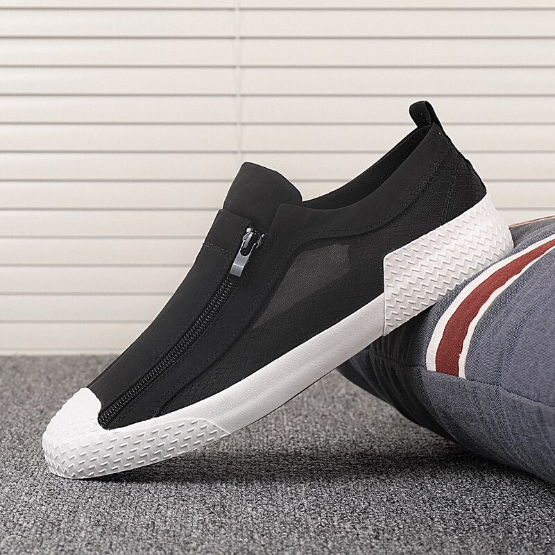 Advbridge Summer Mens Vulcanize Shoes Fashion Canvas Sneakers Side Zipper Men Casual Shoes Light Breathable Outdoor Driving flat Loafers