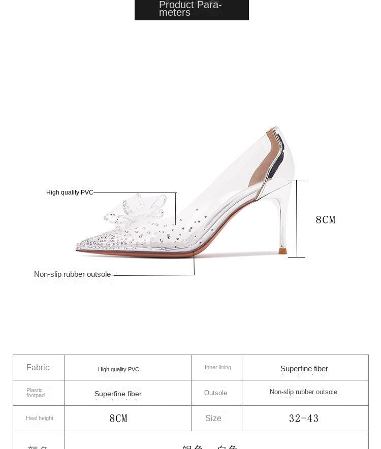 Advbridge Women's Pointed Toe High Heels Stiletto Clear Crystal Slippers Pumps Rhinestone Bow Wedding Banquet Shoes White