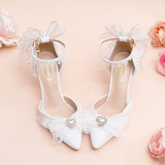 Advbridge Pure White Lace Bowknot Lolita Straight Line Sandals with Hollow High Heels Sweet Flower Wedding Lo Bridesmaid Wedding Shoes