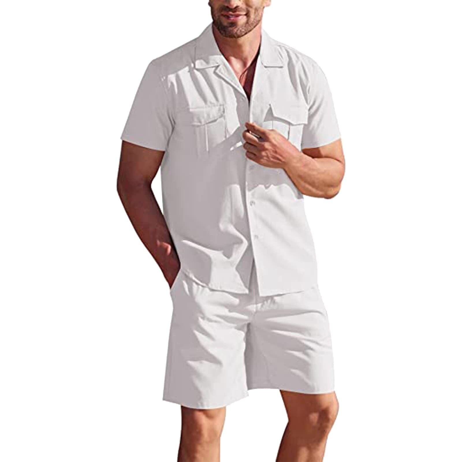 Advbridge Men's Loose Casual Cotton Linen Short Sleeve Shirt + Shorts