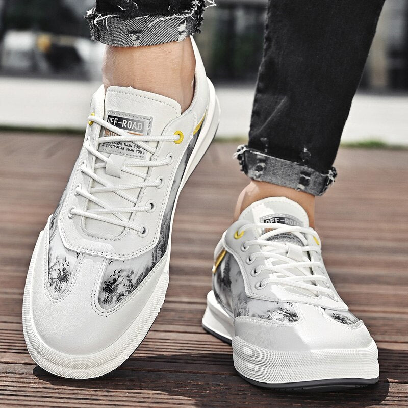 Advbridge Men Leather Shoes Lace Up Mens Casual Shoes Fashion Sneakers Men Shoes Graffiti Personalized Men's Shoes