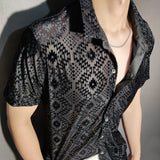 Advbridge Men  Sexy Abstract Art Shirt Fashion Transparent Black Gold Shirt Casual Nightclub Shirt Top See Through Stylish Shirts For Men