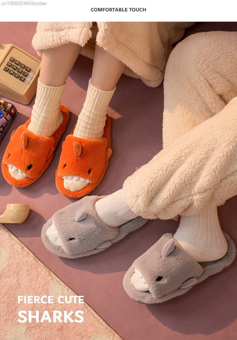 Advbridge Cartoon Miniso Winter Plush Shark Slipper Y2k Girl Fashion Casual Indoor Warm Cute Shoes Women Couple Soft Thick Trendy Shoes