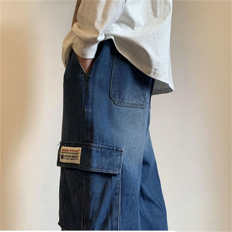 Advbridge Vintage Black Cargo Jeans Pants Loose Straight Denim Jeans Dark Blue Trousers