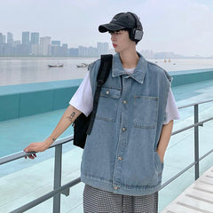 Advbridge Blue Denim Vest Men's Fashion Vintage Pocket Vest Men Japanese Streetwear Hip-hop Loose Sleeveless Jackets Mens Denim Jacket