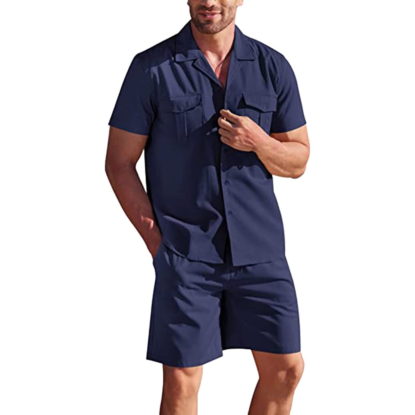 Advbridge Men's Loose Casual Cotton Linen Short Sleeve Shirt + Shorts