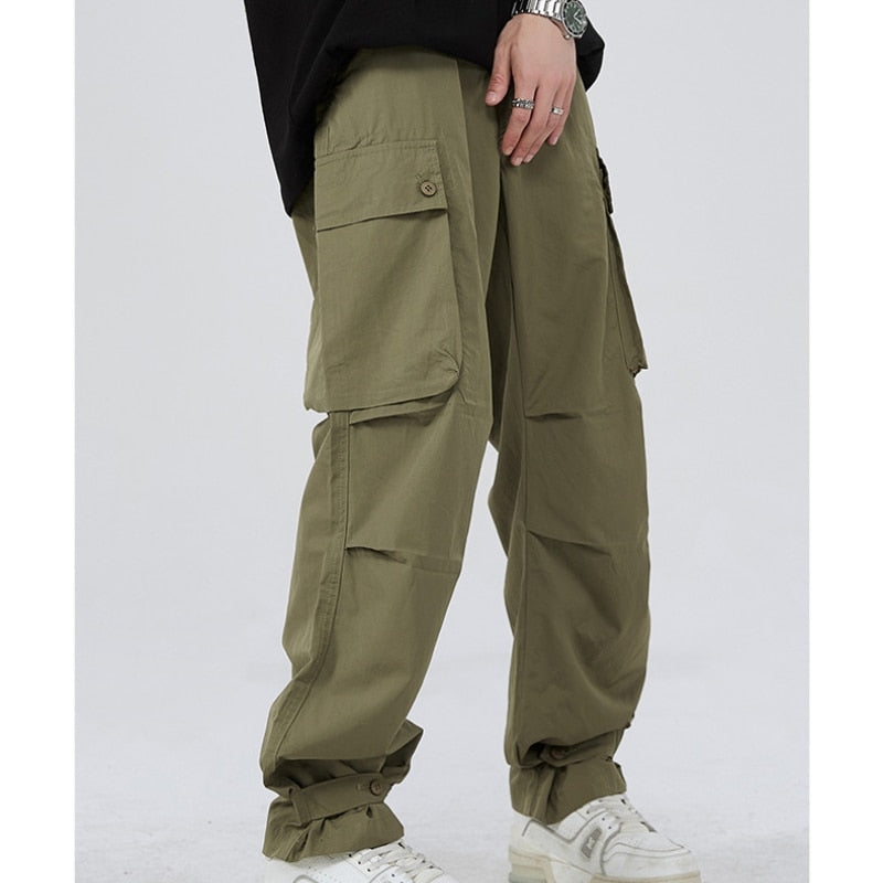 Advbridge Autumn All Season Casual Soft Solid Men's Cool Boys Waist Loose Versatile Overalls Pocket Cargo Pants Button  Unisex