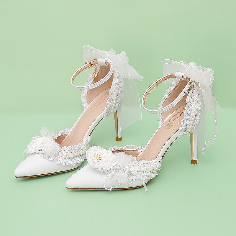 Advbridge French Elegant Bride Lolita Lace Bowknot Pearl Point Baotou Sandals One Word Flower Wedding Lo Wedding Shoes