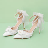 Advbridge French Elegant Bride Lolita Lace Bowknot Pearl Point Baotou Sandals One Word Flower Wedding Lo Wedding Shoes