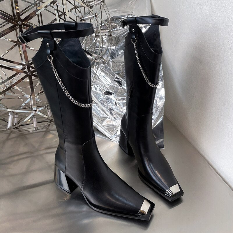 Advbridge Womens Mid Calf Street High Boots Thick Heel 7CM Square Toe Side Zipper Punk Style Shoes Cow Split Leather Chain Boots For Women