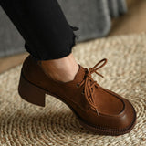 Advbridge Ladies Loafers 5.5 CM Spring Autum Lac-Up Simple Shoes On Thick Square HeelWomen Retro Pump Cowhide Big Toe Pumps British Style