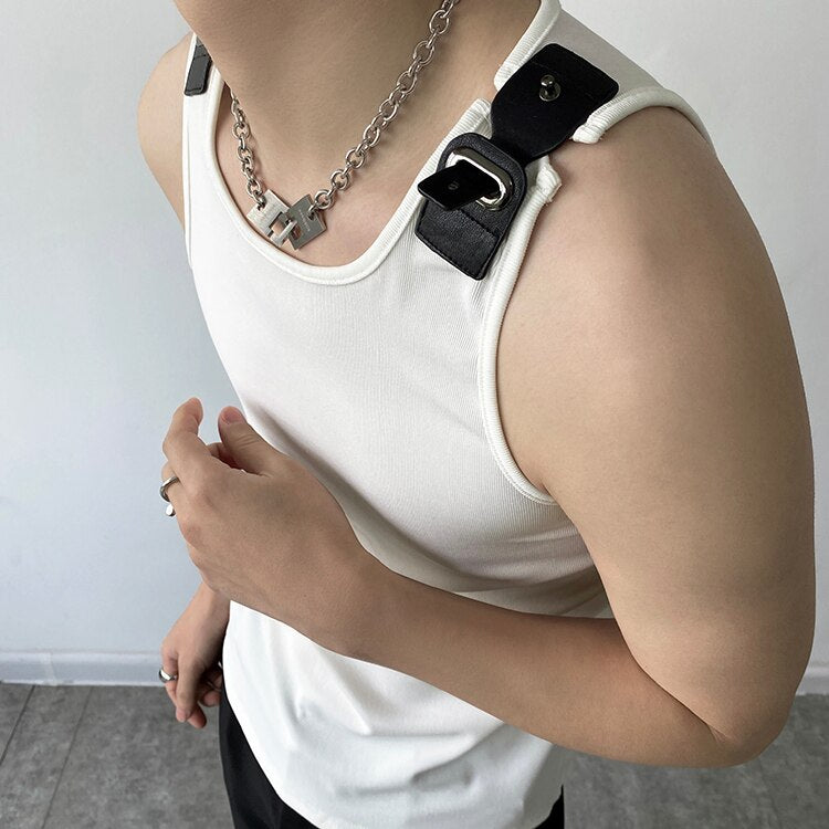 Advbridge Men's Leather Buckle Tank Tops Vest Tshirt Knitted Elastic Male Japan Korean Streetwear Fashion Slim Fit Tees Sleeveless T-shirt