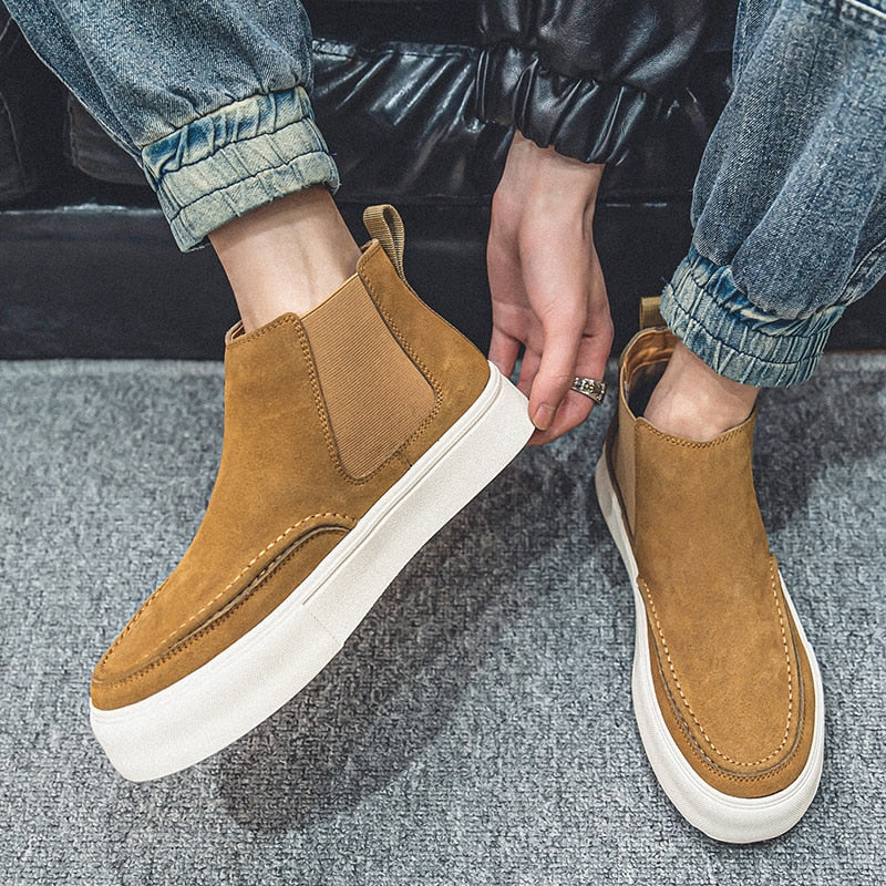 Advbridge Men Loafers Suede High Top Flat Shoes Round Toe Slip On Causal Moccasins Driving Shoes Open Walk Shoes Men Ankle Boots Short