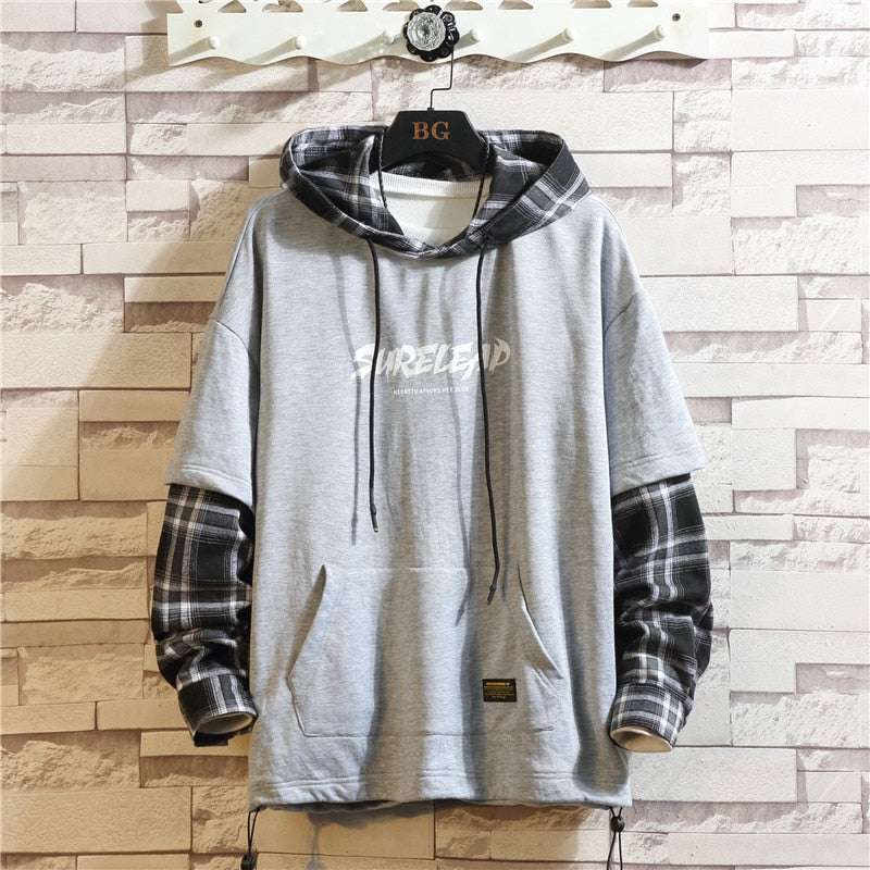 Advbridge Black Tartan Patchwork Hoodies Autumn Spring Men's Sweatshirts Hiphop Punk Streetwear Casual Pullover Hoodie Black Lattice
