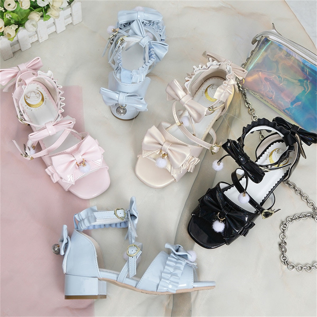 Advbridge Japanese Sweet Style Cosplay Lolita Girls Shoes Kawaii Lolita Bare Toes Bow Hair Ball Buckle Straps 3.8cm Low Heel PU Shoes