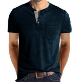 Advbridge Summer New Short Sleeve Men's Clothing Solid Color Round Neck Spliced Button Europe and America Slim Spliced Pocket T-shirt