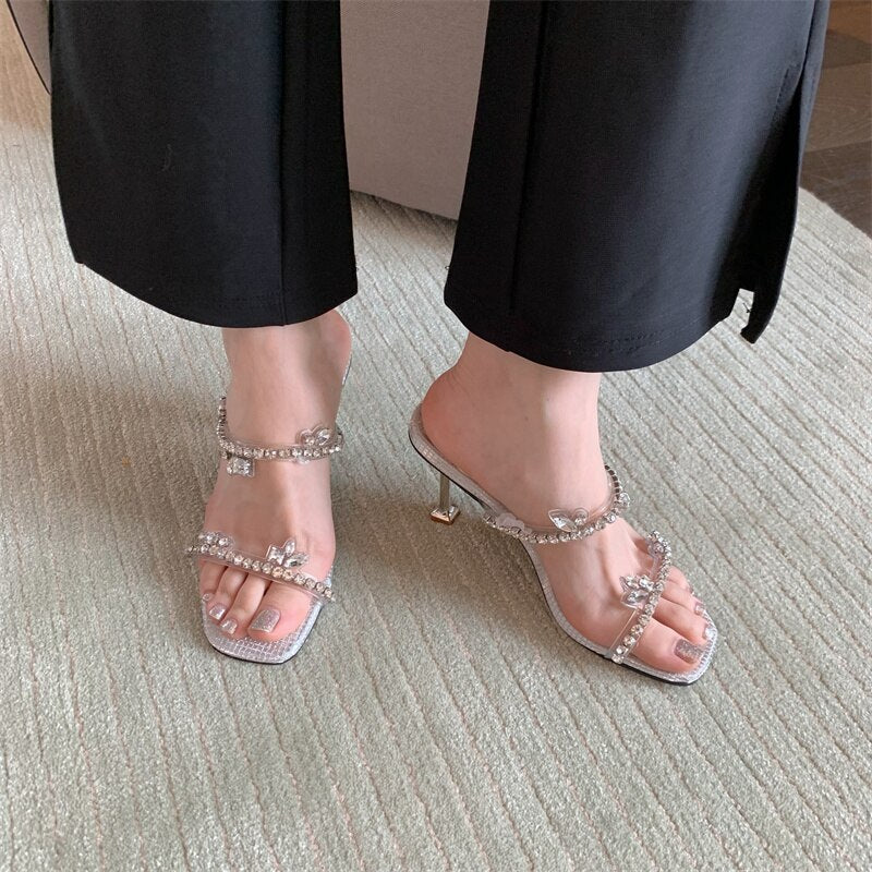 Advbridge New Crystal Rhinestone PVC Transparent Slippers Women Slide Square Toe Strange High Heels Sandals Party Wedding Shoes