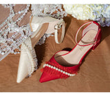 Advbridge Elegant Wedding Shoes Women Korean Style Pearl Ankle Strap Chic Bridal Shoes Female Satin Casual Medium Heels Shoes Autumn