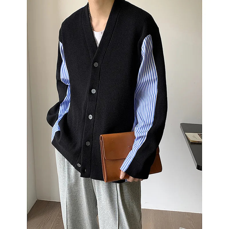 Advbridge High Quality Men's Knitted Sweater Blue Striped Patchwork Loose Casual V-neck Single-breasted Cardigan Coat Autumn New