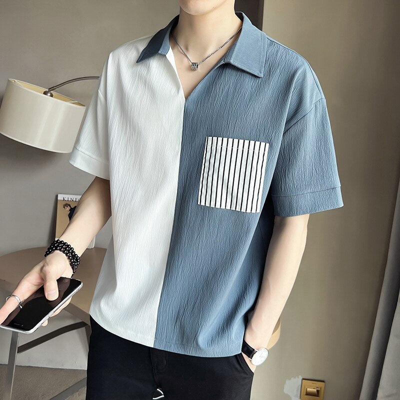 Advbridge Men Striped Pockets Patchwork Shirts Streetwear V-neck Tops Half Sleeve Fashion Shirts Casual Camisas Black/Lake blue