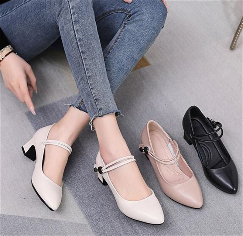 Advbridge  High-quality Cowhide Pointed Shallow Mouth Women Pumps Thick Heel Shoes Work Office Banquet Leather Shoes Large Size