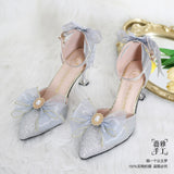 Advbridge French Girl Butterfly Multicolor Lace Bowknot Pearl Sequin Lolita Shoes Pointed Sandals High Heel Victoria Tea Party Cosplay Lol