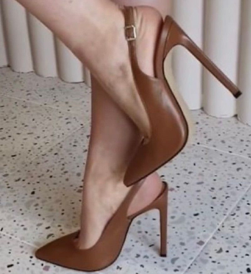 Advbridge Brown Matte Leather Slingback Woman Shoes 12CM 10CM 8CM Stiletto High Heels Pumps Pointed Toe Buckle Strap Hollow Party Shoes