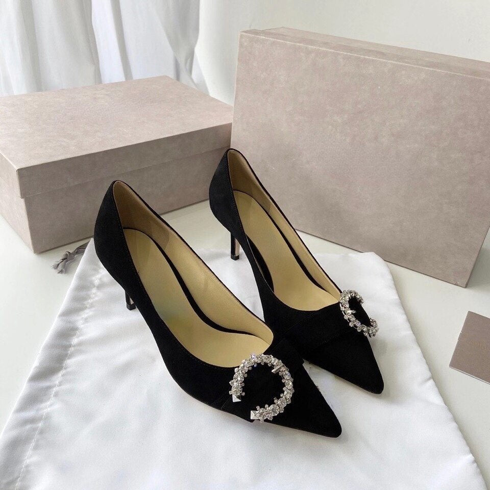 Advbridge New Crystal Rhinestone Buckle French High Heels Women Pointed Stiletto Heel All-Matching Women's Shoes Pumps