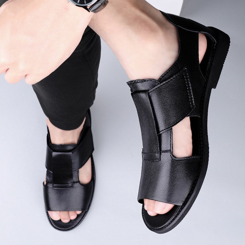 Advbridge Summer Luxury Sandals Men Genuine Leather Casual Shoes Men Breathable Beach Shoes High Quality Outdoor Slippers Black Mens Shoes