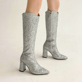 Advbridge Women Knee High Boots Square High Heel Pointed Toe Ladies Calf Boots Sequin Cloth Side Zipper Dress Women's Boots Big Size