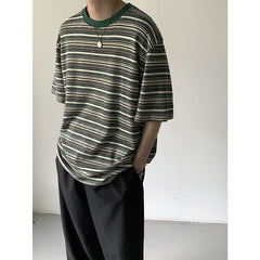 Advbridge Summer Men's Korean Loose Stripe Printing T-shirts Short Sleeve Round Neck Tshirt Green/blue Color Clothes T Shirts M-2XL