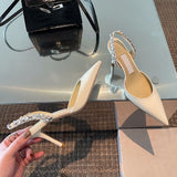 Advbridge Spring and Summer French High Heels Women's Stiletto Pointed Toe Nude Back Empty Single Shoes Rhinestone Toe Sandals