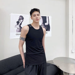 Advbridge Men's Leather Buckle Tank Tops Vest Tshirt Knitted Elastic Male Japan Korean Streetwear Fashion Slim Fit Tees Sleeveless T-shirt