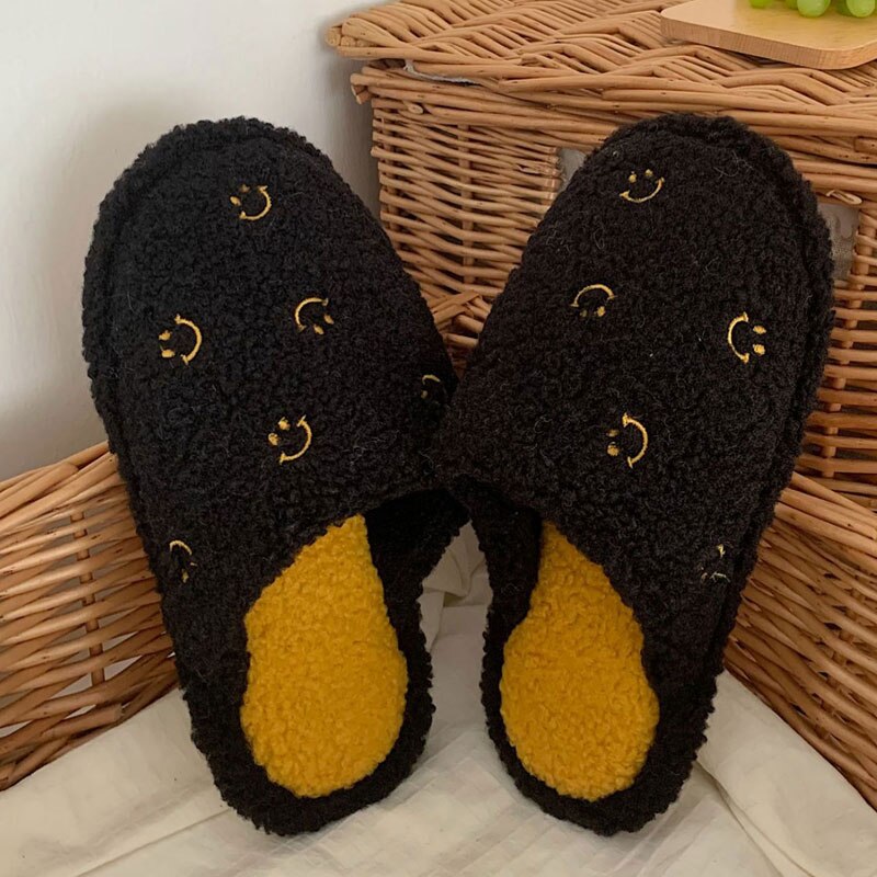 Advbridge New Winter Slippers Woman Autumn  Warm Closed Fluffy Plush Slides Men Indoor Home  Cute Face White Flip Flops Flat Cotton Shoes