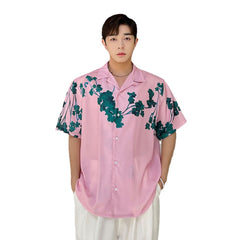 Advbridge Summer Men Shirt Short Sleeve Cuban Collar Vintage Fashion Loose Casual Pink Print Shirts Male Korean Streetwear Shirt