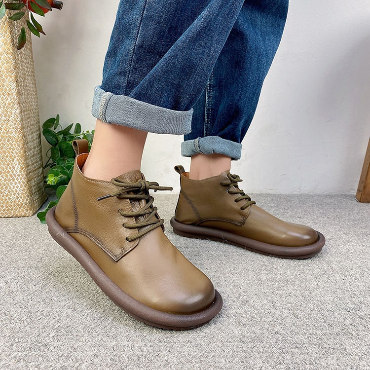 Advbridge Round Toe Flats Shoes For Women Genuine Leather Spring/Autumn Flat Platform Shoes Ladies Lace Up Shoes Ladies Round Toe