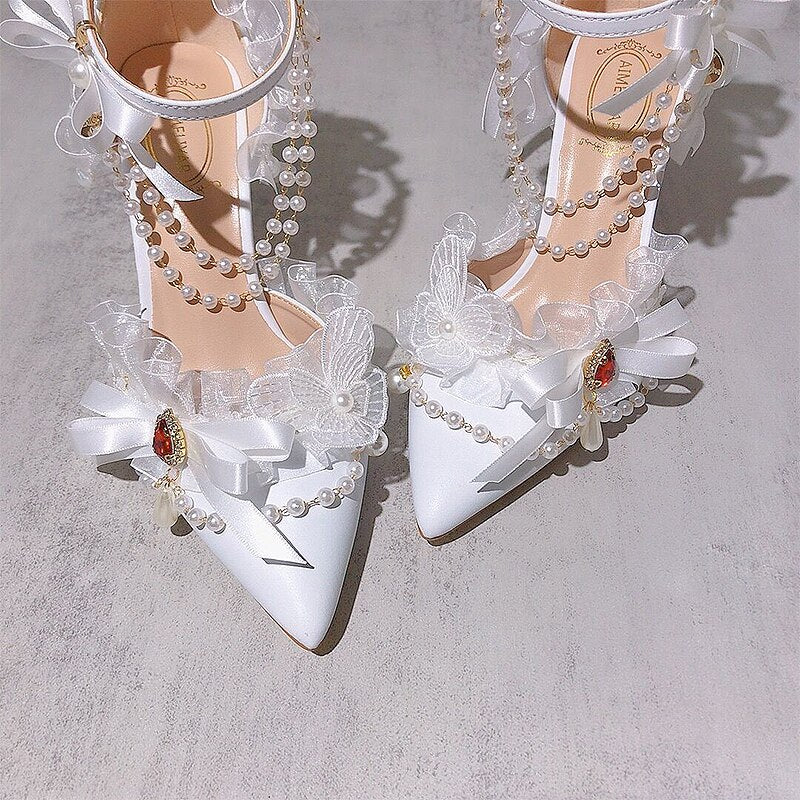 Advbridge Vintage Lolita Style Pointy High-heeled Women's Shoes Pearl Fringe Wristband Chiffon Lace Rhinestone Bridal Flower Wedding Shoes