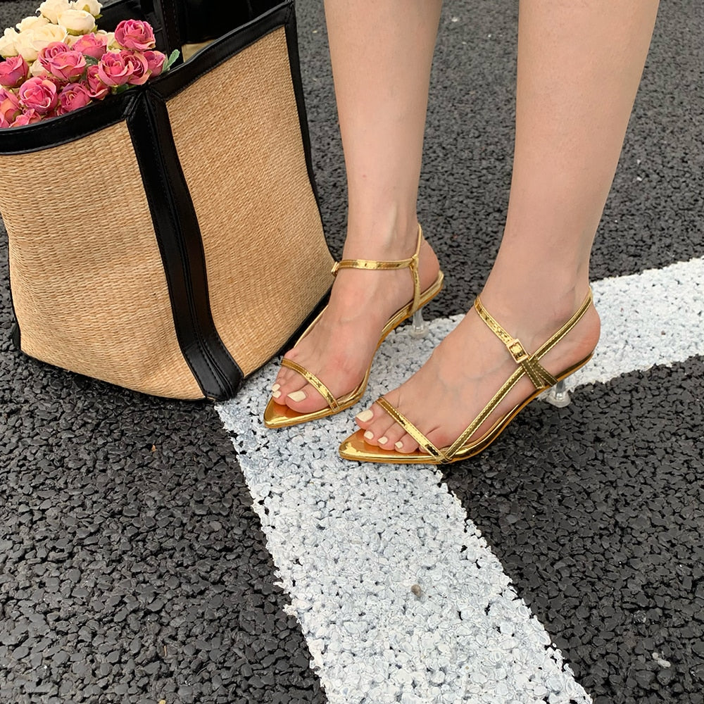 Advbridge Open Toe Women Sandals Narrow Band Clear Thin High Heels Ankle Strap Belt Buckle Black Silver Gold Summer Dress Sandals Slides