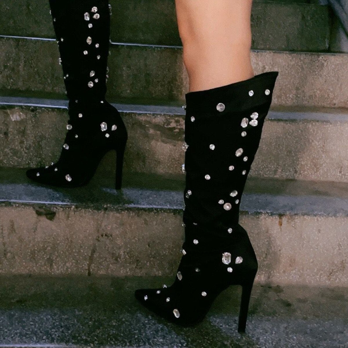 Advbridge New Pointed Toe Knee Boots Stiletto High Heel Side Zipper Fashion Catwalk Rhinestone Boots Banquet Party Women's Boots