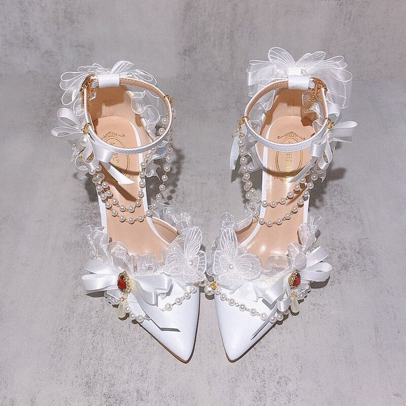 Advbridge Vintage Lolita Style Pointy High-heeled Women's Shoes Pearl Fringe Wristband Chiffon Lace Rhinestone Bridal Flower Wedding Shoes