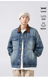 Advbridge Winter Men's Solid Casual Loose Pockets Old Washed Denim Jacket Retro Corduroy Splicing Design Coat Jacket