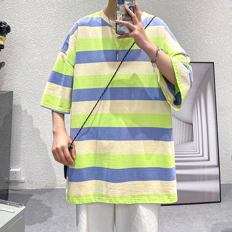 Advbridge Contrasting Color Striped Casual T-shirt Summer All-match Fashion Trend Loose Outfits Short Sleeve O-neck Men's Clothes Oversize