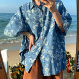 Advbridge New Distressed Blue Denim Daisy Floral Cute Button Up Shirt Men Women Loose Oversized Blouses Kawaii Beach Hawaiian Fashion Tops