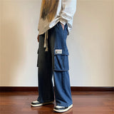 Advbridge Vintage Black Cargo Jeans Pants Loose Straight Denim Jeans Dark Blue Trousers