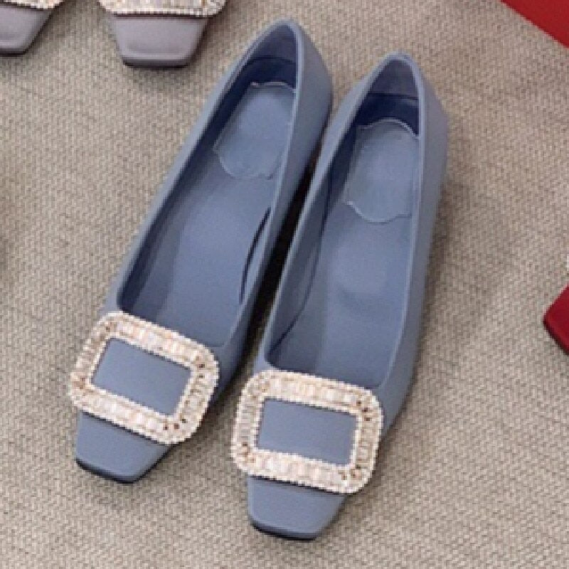 Advbridge Women's Shoes Rhinestone Square Buckle Shoes Women's 2021 Spring New Square Toe High Heels Chunky Heel Satin Wedding Shoes