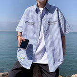 Advbridge Summer Versatile Men's Cool Casual Loose Tess Button T-Shirt Soft Short Sleeve College Style Letters Vertical Stripes Pocket